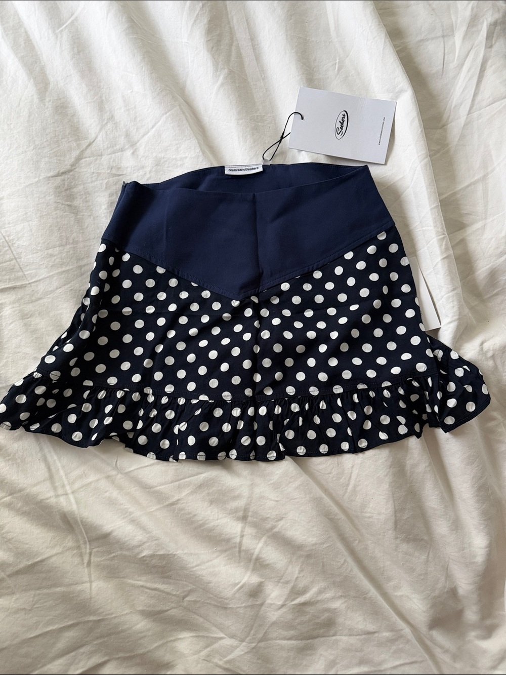 Polka Dot Navy Circle Skater Skirt with Ruffle Waistband